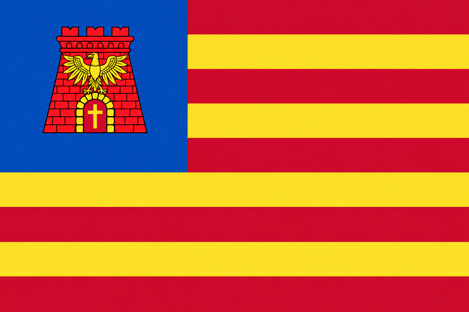 Castellammarese-American flag with a blue canton containing a red tower, gold eagle, and integrated gold cross, over nine alternating yellow and red stripes