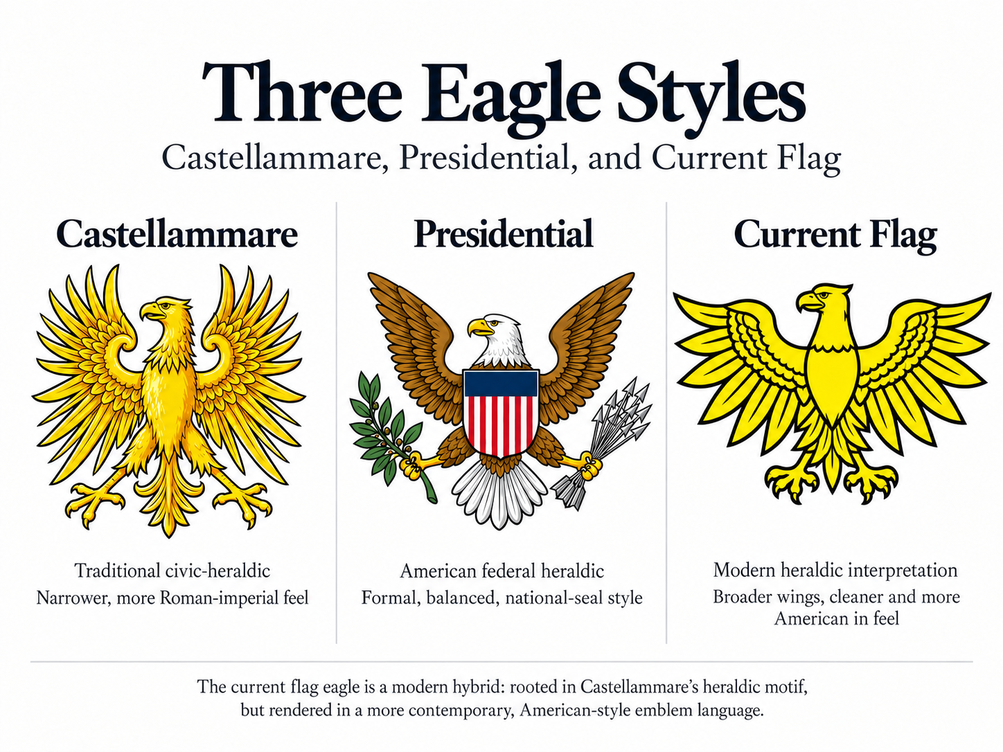 Castellammare del Golfo eagle, United States presidential eagle, and the eagle used in the Castellammarese-American flag